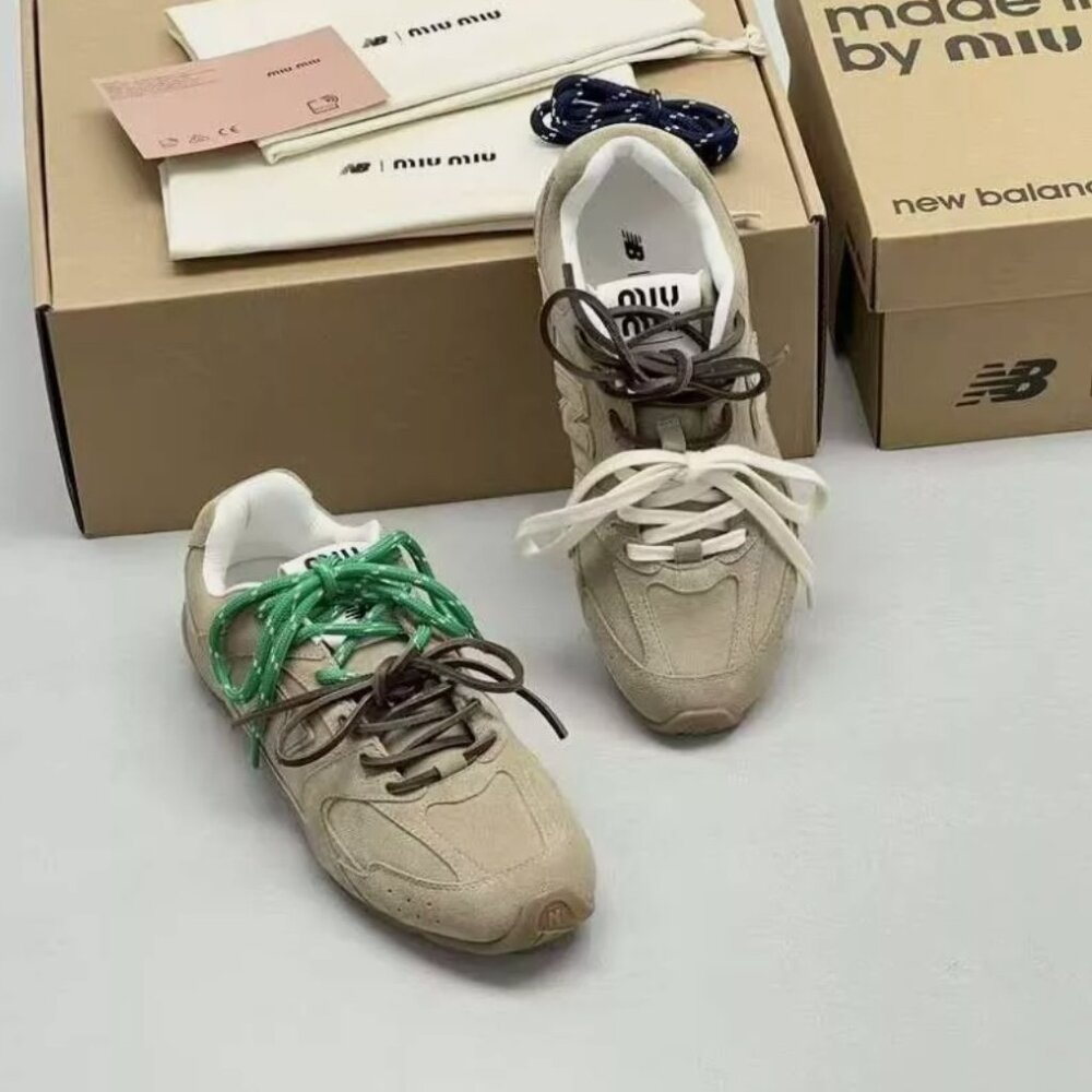 Miu Miu Beige Sneakers with Green and Brown Laces